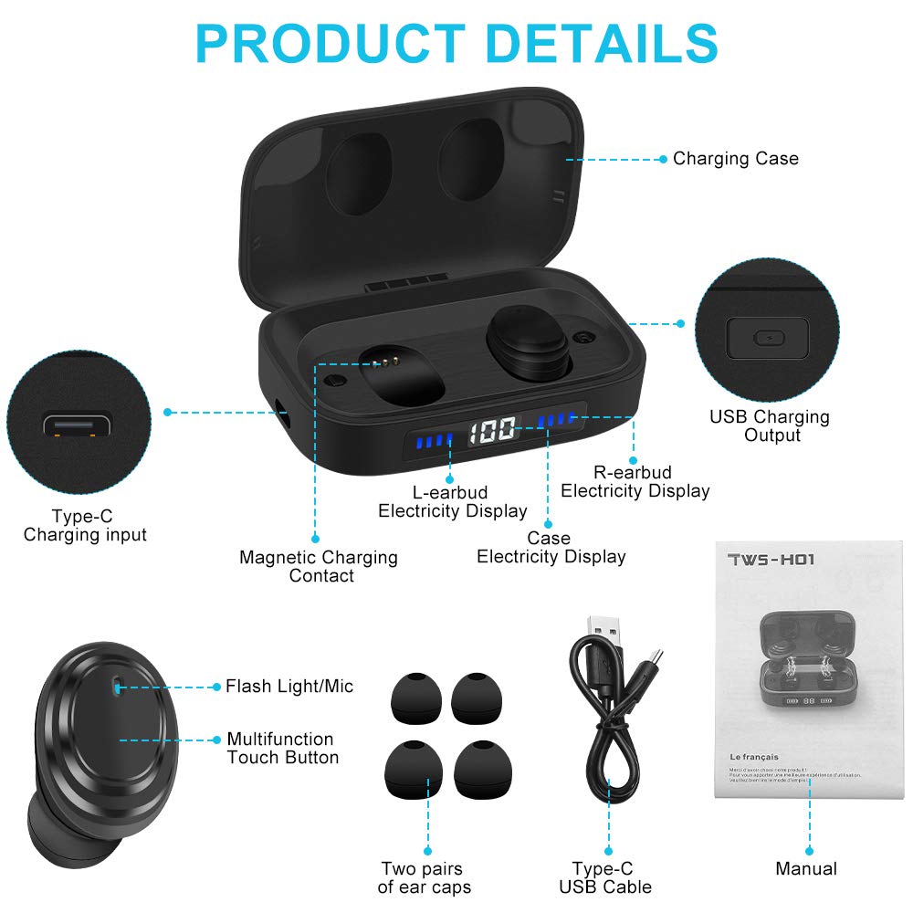 Ceppekyy Wireless Earbuds, Bluetooth 5.0 in-Ear TWS Headphones Auto Pairing Earphones with 2000mAh Charging Case LED Battery Display 80H Playtime, IPX7 Waterproof Built-in Mic Headsets for Sports