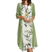 Floral Cardigan Boho Dress for Women with Jacket 2 Piece Set Plus Size Crewneck 3/4 Sleeve Chiffon Midi Dress Outfit