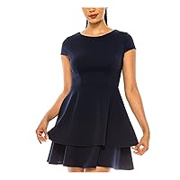 B Darlin Womens Navy Stretch Zippered Fitted Back-tie Cap Sleeve Round Neck Short Party Fit + Flare Dress Juniors 13
