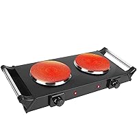Hot Plate, 2000W Portable Electric Stove for Cooking with Stay Cool Handles & 5 Levels Adjustable Temperature, Countertop Double Coil Burner for RV Home Camp Compatible for All Cookwares Black