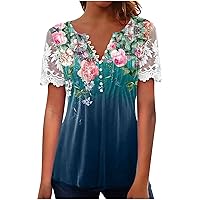 Womens Tunic Tops 2024 Summer V-Neck Floral Print T-Shirts Fashion Lace Patchwork Short Sleeve Comfy Button Blouses