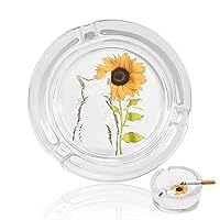 My Sunshine Sunflower Cats Smoking Ashtray Glass Cigarette Cigar Ash Tray Round Smoker Holder Case for Home Office Indoor Outdoor