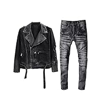 Men's Slim Ripped Holes Zipper Denim Jackets and Biker Jeans Set, Autumn Winter Vintage Black Denim Set