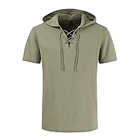 Men Casual Cotton Linen T Shirt Short Sleeve Beach Lace Up Hippie Shirt Solid Color Classic Hoodies Shirts Pullover Hood Top