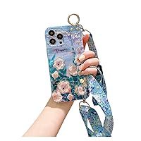 Soft Oil Painting Flowers Bracket Phone Case for Samsung Galaxy A54 5G, Wrist Strap, Lanyard, Stand Back Cover, Popular Rhinestone Shell