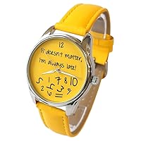ZIZ Yellow It Doesn't Matter, I'm Always Late Watch, Unisex Wrist Watch, Quartz Analog Watch with Leather Band