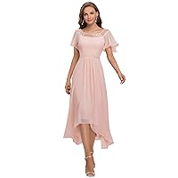 Ever-Pretty Women's Ruffles Sleeve High Low Lace Beaded Chiffon Midi Bridesmaid Gowns Wedding Guest Dress 00465