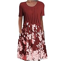 2023 Summer Dress for Women,Short Sleeve Casual Maxi Dress Boho Floral Beach Sun Dress Tshirt Dress with Pockets