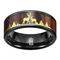 THREE KEYS JEWELRY Men Wedding Bands 8mm Tungsten Hunting Gold/Silver Viking Deer Forest Carbide Wood Ring with With Sandalwood Inlay Polished Infinity Unique for Him Black/Custom Ring Personalized Ring