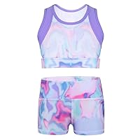 iiniim Kids Girls 2 Piece Dance Sports Outfit Top with Shorts Set for Gymnastics Leotard Dancewear Swimwear Activewear