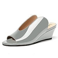 Women's Open Toe Casual Solid Slip On Outdoor Round Toe Patent Wedge Low Heel Pumps Shoes 2 Inch