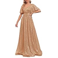 Women Plus Size V-Neck Short Sleeves Formal Evening Dress Sequins Wedding Party Prom Maxi Cocktail Dress Gown