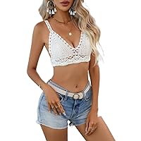 Womens Tops Sexy Hollow Out Lace Up Back Crop Cami Knit Top in Beige