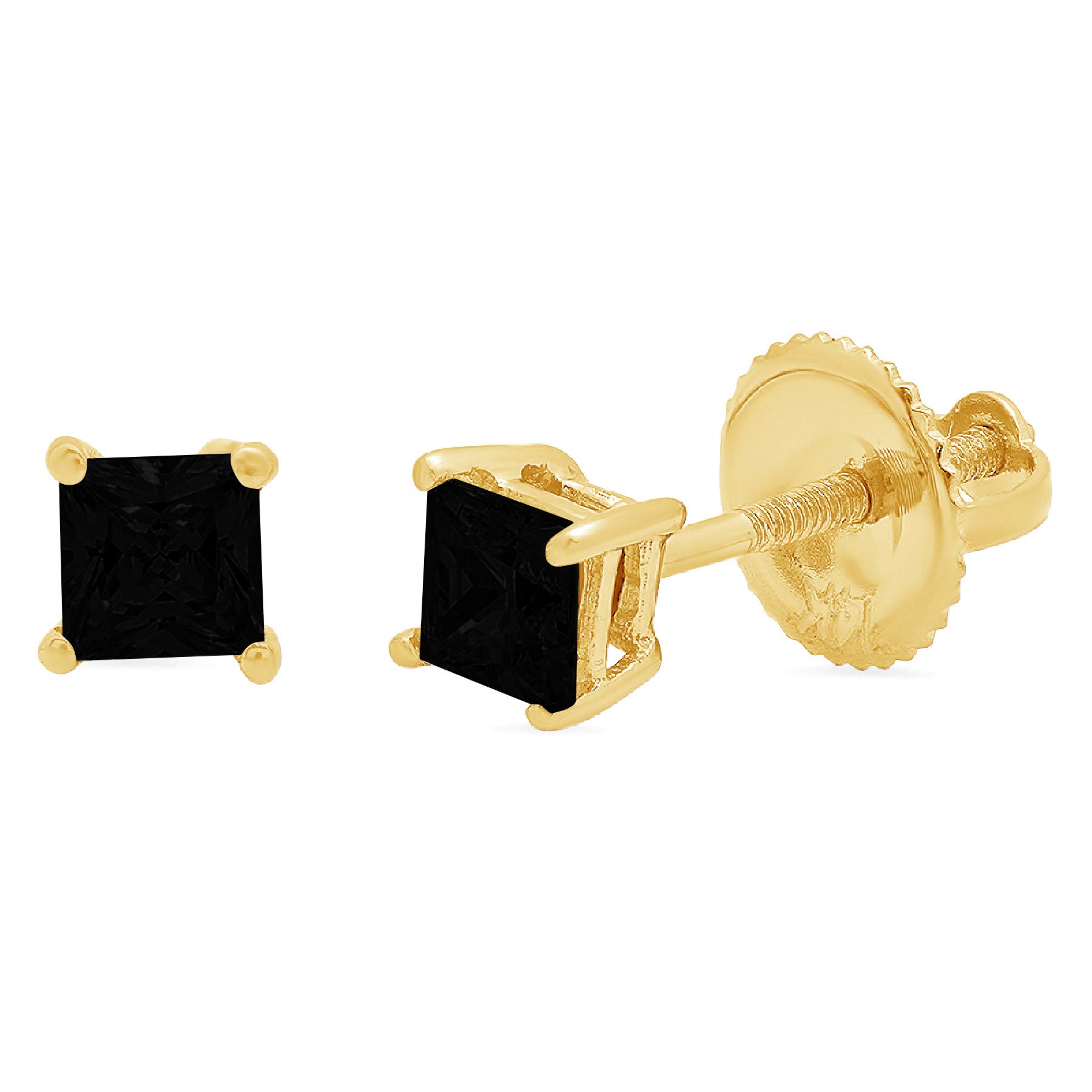 0.4ct Brilliant Princess Cut Solitaire Flawless Genuine Natural Black Onyx Gemstone Unisex Pair of Stud Designer Earrings Solid 14k Yellow Gold Screw Back conflict free Jewelry