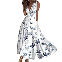 Sundresses for Women,2024 Spring Summer Elegant Wrap V Neck Sleeveless Maxi Dress,Trendy Floral Print Flowy Beach Dress