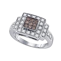 TheDiamondDeal 10K White Gold Womens Brown Diamond Square Cluster Ring 1/2 Cttw