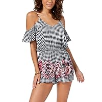 Juniors' Printed Cold-Shoulder Romper (Pink, M)