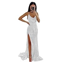 Women's Sequin Prom Dresses Sparkly Mermaid Formal Dress Long Spaghetti Strap Ruched Slit Evening Party Ball Gowns
