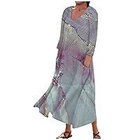 Women's Plus Size Cotton Linen Shirt Floral Dress Casual Loose 3/4 Sleeve Maxi Dress Split Shirt Dresses
