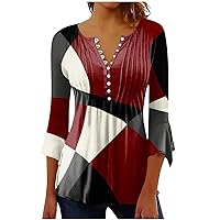 Tops for Women Casual Elegant Buttons Graphic Button Front Stretch 3/4 Wide Sleeve V-Neck Womens Dressy Tops
