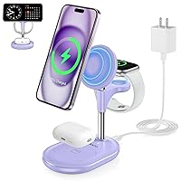 3 in 1 Wireless Charging Station for Apple MagSafe Charger, 15W Fast Magnetic Mag-Safe Charger Stand for iPhone 15 14 13 12 Series Apple Watch AirPods Multiple Devices, Adjustable Angle, Purple