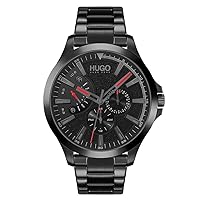 HUGO #LEAP Men's Multifunction Stainless Steel and Link Bracelet Casual Watch, Color: Black (Model: 1530175)