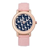 Beluga Whale Womens Watch Round Printed Dial Pink Leather Band Fashion Wrist Watches