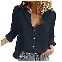 Women's Linen Button Down Shirt 2024 Trendy Casual Long Sleeve Blouse Plus Size Solid Floral Print Dressy Shirt Tops