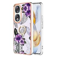 XYX Case Compatible with Honor 90 5G, Sparkling Marble TPU IMD Bumper Hybrid Protective Phone Cover with 360 Rotating Ring Kickstand for Honor 90 5G, Purple Flower