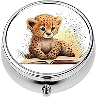 Mini Portable Pill Case Box for Purse Vitamin Medicine Metal Small Cute Travel Pill Organizer Container Holder Pocket Pharmacy Hand Painted Watercolor an Adorable Baby Cheetah a White Perfect Child