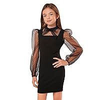 WDIRARA Girl's Polka Dots Print Mesh Tie Neck Sheer Puff Sleeve Bodycon Party Mini Dress