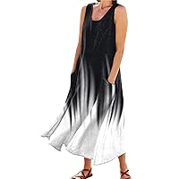 Women Sun Dresses 2024 Casual Long Summer Bohemian Sleeveless Dress with Pockets Floral Loose Plus Size Elegant Maxi Dress