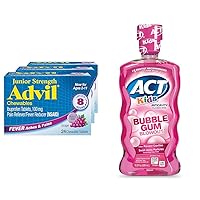 Advil Junior Strength Grape Chewable Tablets for Kids Pain Relief Pack of 3 and ACT Kids Anticavity Fluoride Rinse Bubble Gum Blowout Flavor 16.9 oz Bottle