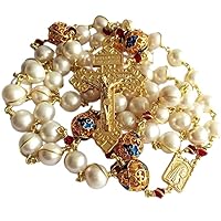 HANDMADE plated gold Wire Wraped Bead AAA White 10mm Pearl Rosary Cross NECKLACE BOX