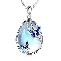 KQF Moonstone Necklace Sterling Silver Butterfly/Bee/Mermaid/Axolotl/Dragobfly/Ladybug/Cat/Tree of Life/Scottish Thistle Moonstone Jewelry Gifts for Women Girls