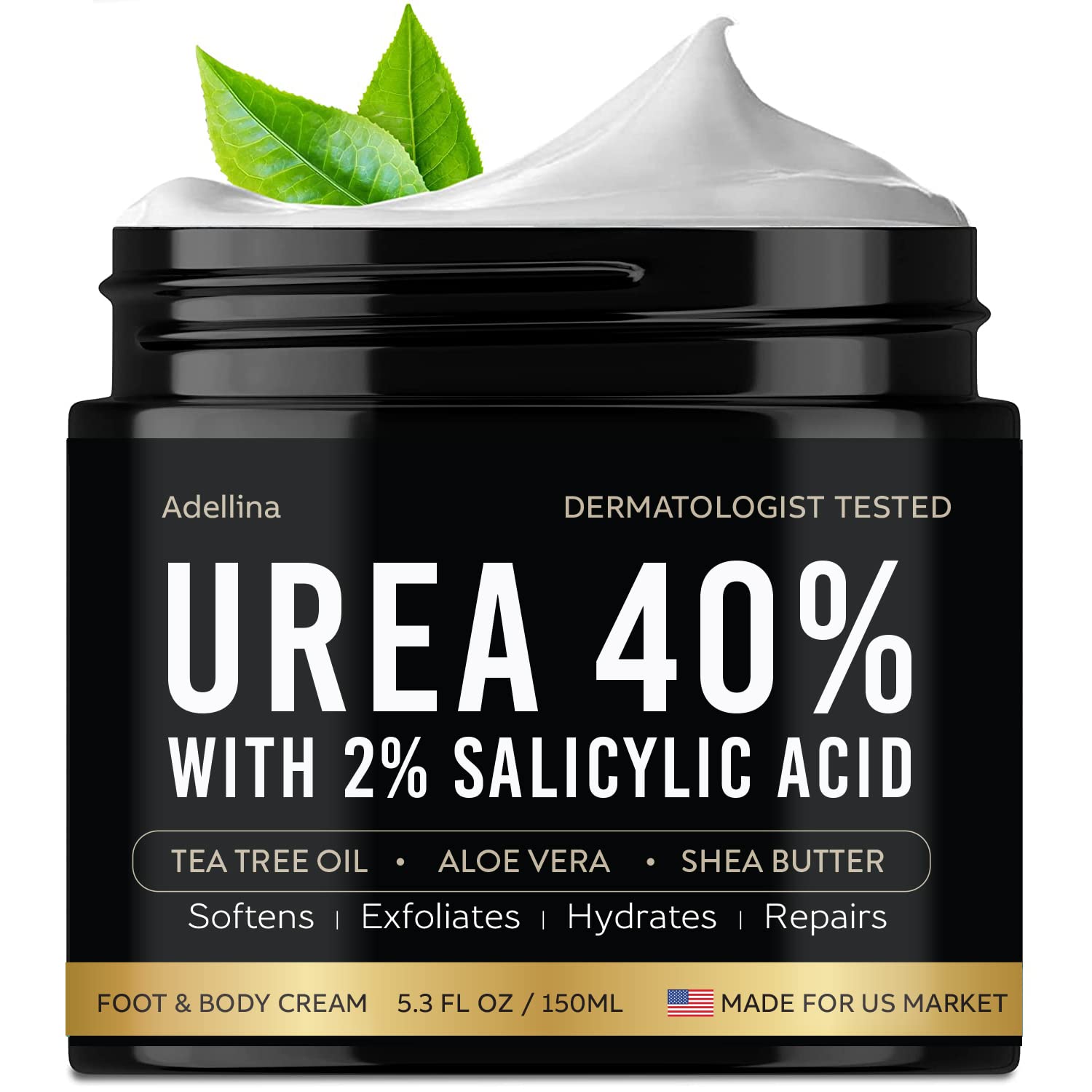 Adellina Urea Cream 40 Percent for Feet, Urea Foot Cream for Dry Cracked Heels Feet Knees Elbows, 40% Urea Foot Repair Lotion with 2% Salicylic Acid, Shea Butter, Tea Tree Oil, Aloe Vera, 5.3 OZ