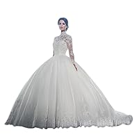 White High Neck Long Sleeves Wedding Dress Lace Ball Gown Bride Gowns