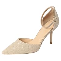 Women Shimmery D’Orsay High Heels Pointed Toe Pumps Ankle Strap Dress Wedding Party Glitter Shoes
