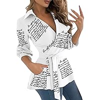 Women's Peplum Tops Wrap V Neck 3/4 Sleeve Work Business Blouse Dressy Casual Shirts Sexy Belted Tunic with Pocket