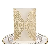 50pcs 5x7 Wedding Invitations Cards Laser Cut Pocket only, No Envelope,No Insert for Wedding Bridal Shower Engagement Birthday Invite (Champagne Gold Glitter)