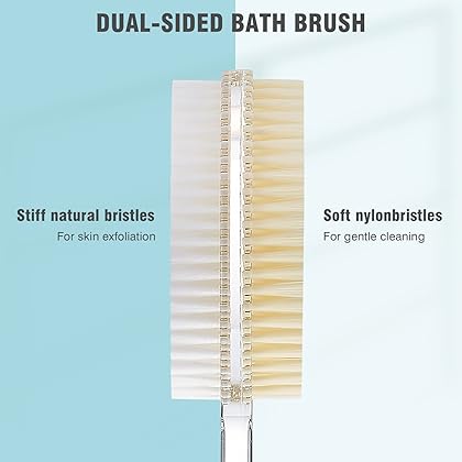 DeaLott Dual-Sided Back Scrubber for Shower, Long Handle Back Brush with Stiff and Soft Bristles, Wet and Dry Body Brush Exfoliator, Shower Brush for Body Men Women