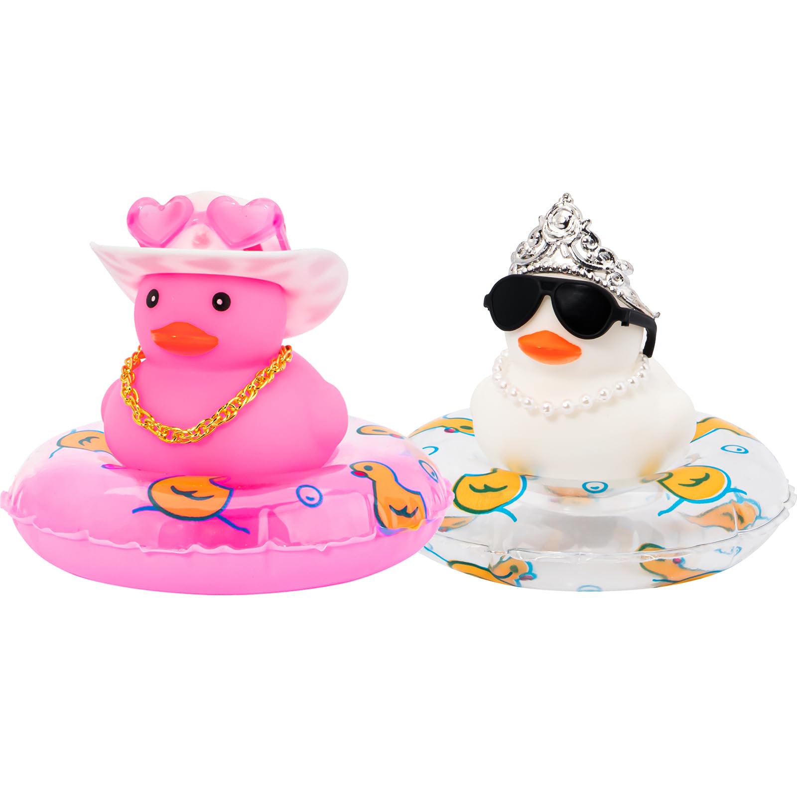 wonuu 2Pcs Rubber Duck, Cute Pink Love Heart Cowboy Hat Duck Dashboard Decoration and Queen Crown Pearl Necklace Duck Car Accessories, Surprising Birthday Gift Unique Table Decor Tiktok Duck
