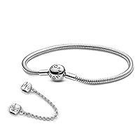 Pandora Jewelry Bundle with Gift Box - Sterling Silver Family Forever Safety Chain Charm & Moments Sterling Silver Snake Chain Charm Bracelet with Ball Clasp, 9.0
