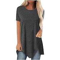 Summer Women Plus Size Tshirt Tops Trendy Casual Loose Fit Crewneck Tunic Tees Solid Color Short Sleeve Long Blouses