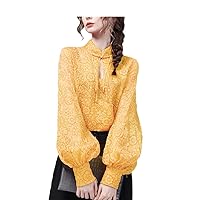 Lantern Sleeve Embossed Chiffon Blouse Women Solid Color Stand Collar Spring Summer Tops Loose Floral Shirts