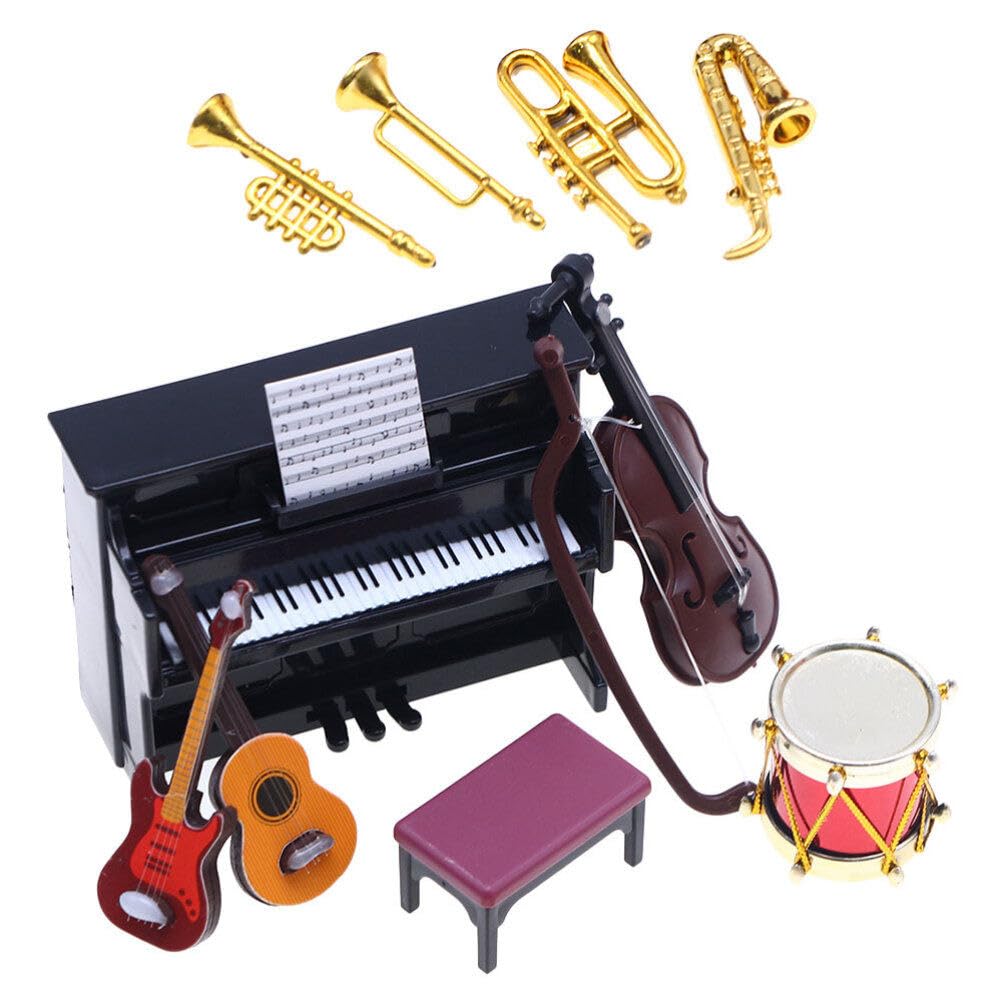 ERINGOGO Dollhouse Miniature Musical Instrument Set, 1:12 Scale Mini Piano Violin Trumpet Drum Guitar Bass Models, Accessories Decoration for Doll House Mini Music Room