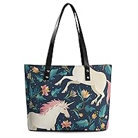 Womens Handbag Unicorns With Floral Leaves Leather Tote Bag Top Handle Satchel Bags For Lady