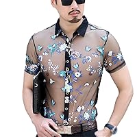 Floral Embroidery See Through Fishnet Shirt Men Sexy Slim Fit Transparent Dress Shirts Party Event Lace Chemise