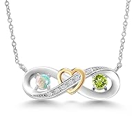 925 Silver and 10K Yellow Gold Round White Simulated Opal Green Peridot and Lab Grown Diamond 2-Tone Heart Interlocking Infinity Symbol Pendant Necklace For Women (0.61 Cttw, with 18 Inch Chain)
