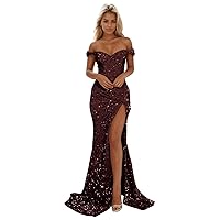 Off Shoulder Sequin Prom Dresses for Women Sparkly Long Mermaid with Slit Formal Evening Gowns